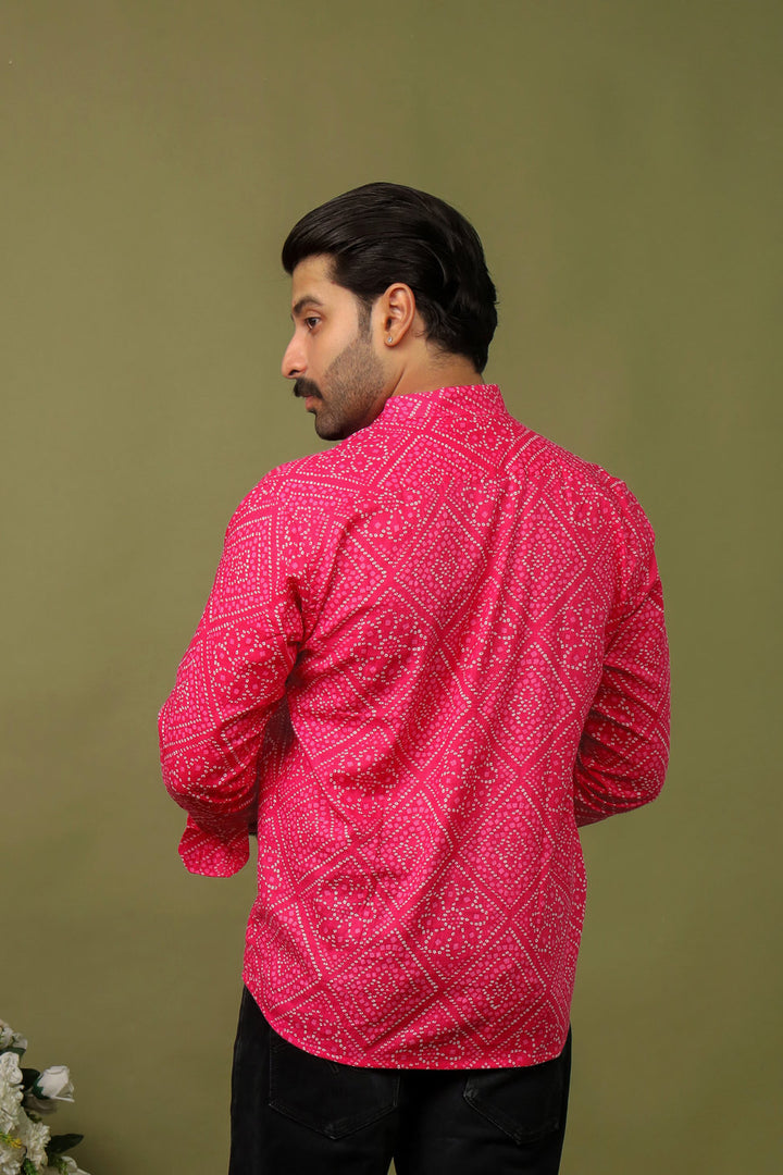 Pink Bandhani Print Cotton Short Kurta Shirt for Men