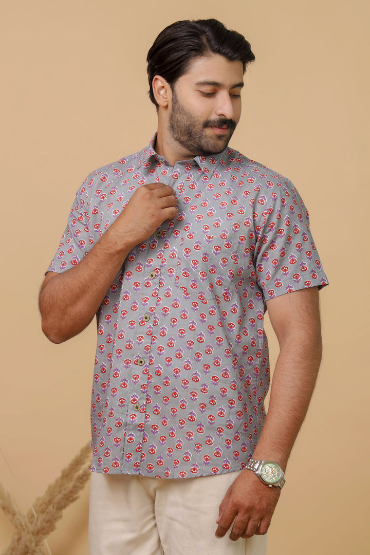 Men’s Lavender Floral Printed Half Sleeve Shirt by Rangat Jaipur
