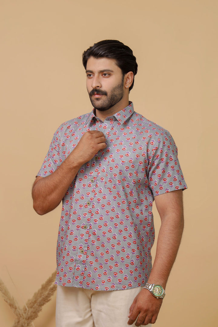 Men’s Lavender Floral Printed Half Sleeve Shirt by Rangat Jaipur