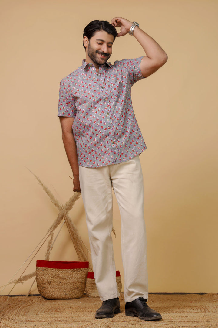 Men’s Lavender Floral Printed Half Sleeve Shirt by Rangat Jaipur