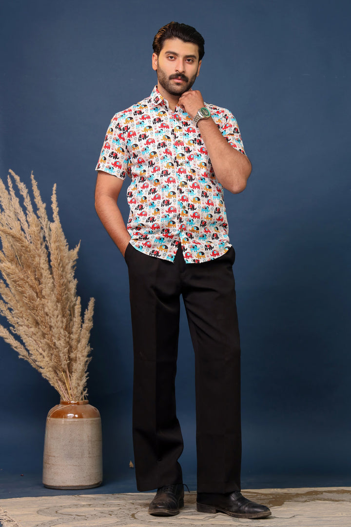Men’s Multicolor Elephant Print Cotton Shirt