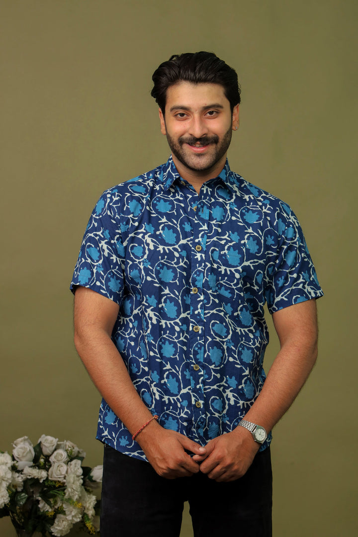 Men’s Navy Blue Abstract Printed Half Sleeve Shirt