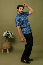Load image into Gallery viewer, Men’s Navy Blue Abstract Printed Half Sleeve Shirt