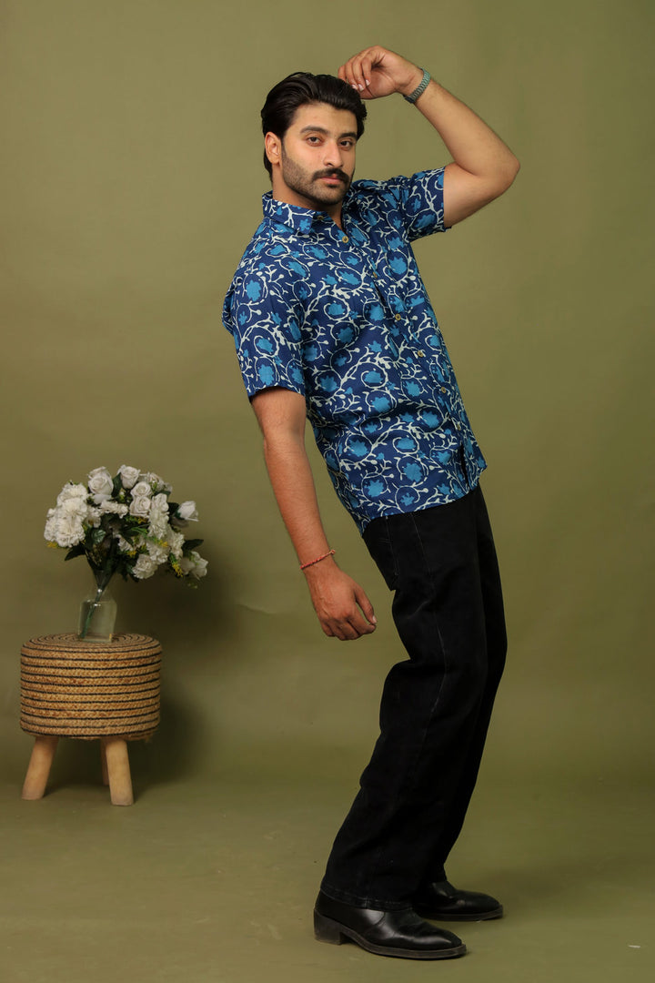 Men’s Navy Blue Abstract Printed Half Sleeve Shirt