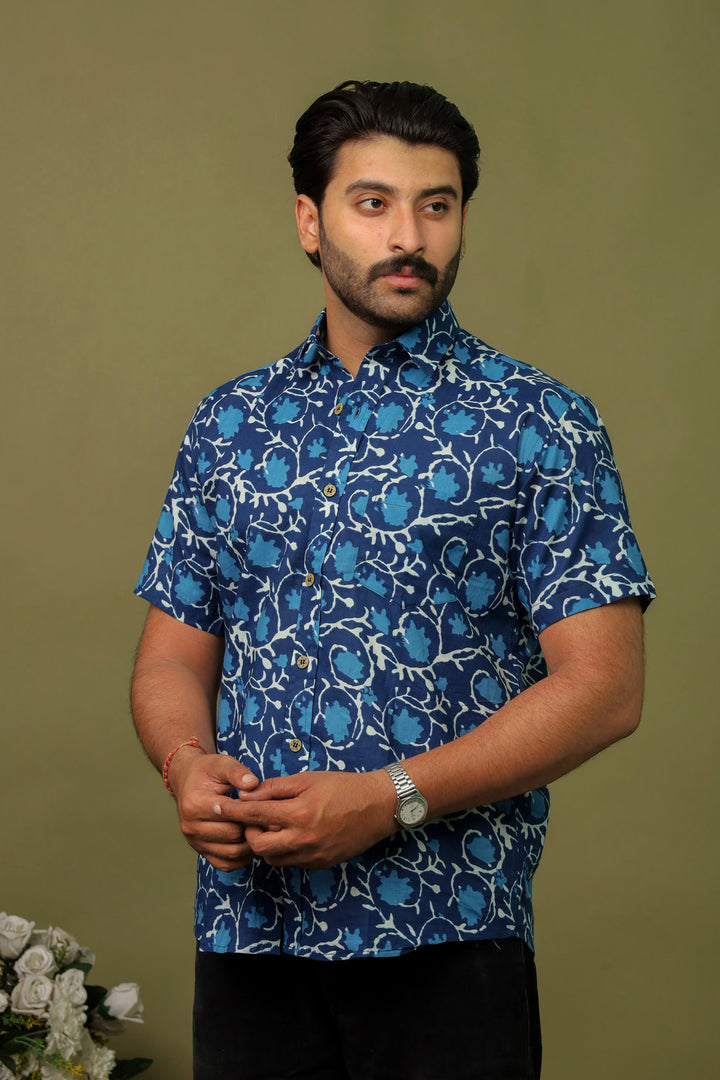 Men’s Navy Blue Abstract Printed Half Sleeve Shirt