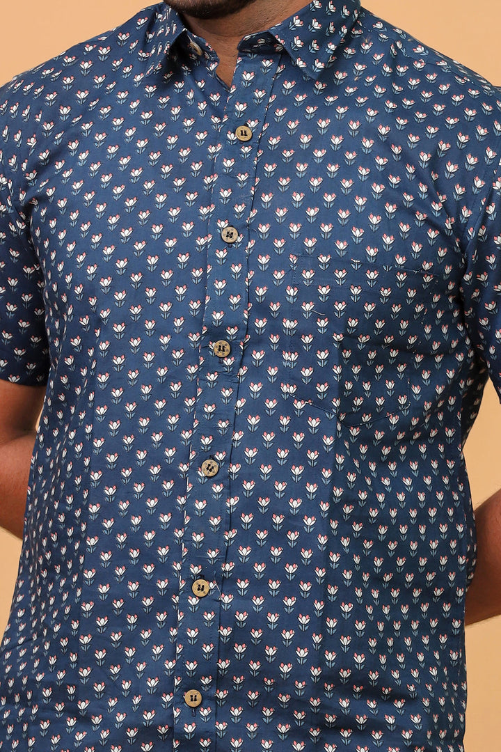 Men’s Navy Blue Floral Printed Half Sleeve Cotton Shirt