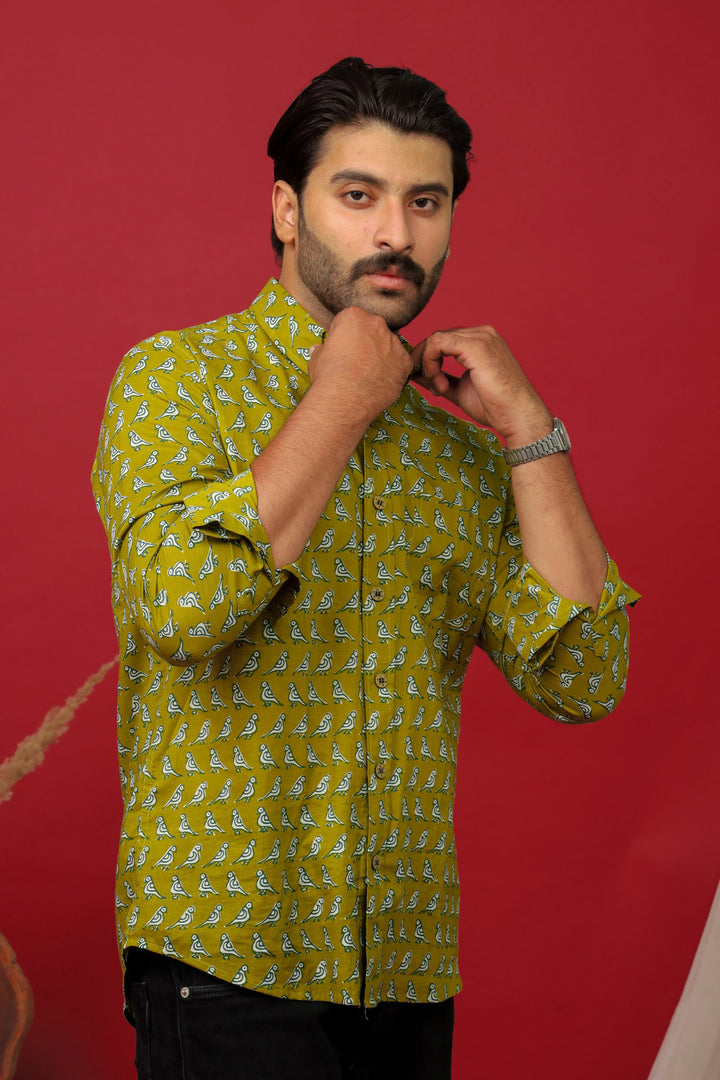 Green Bird Motif Sanganeri Print Cotton Shirt