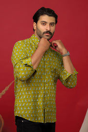 Green Bird Motif Sanganeri Print Cotton Shirt