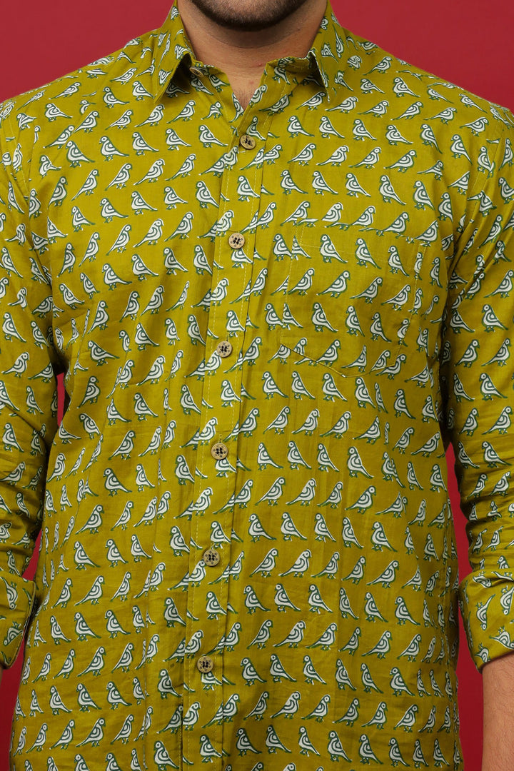 Green Bird Motif Sanganeri Print Cotton Shirt