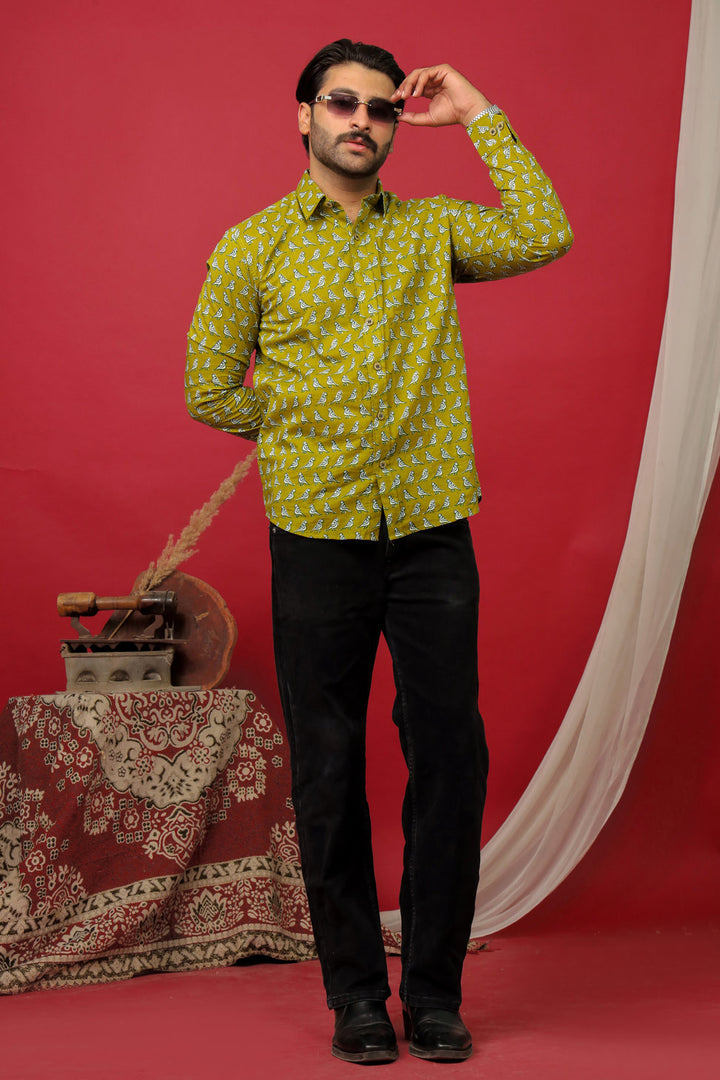 Green Bird Motif Sanganeri Print Cotton Shirt