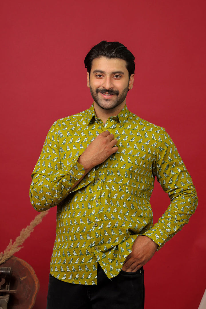 Green Bird Motif Sanganeri Print Cotton Shirt
