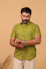 Load image into Gallery viewer, Men’s Olive Green Bird Printed Half Sleeve Shirt by Rangat Jaipur