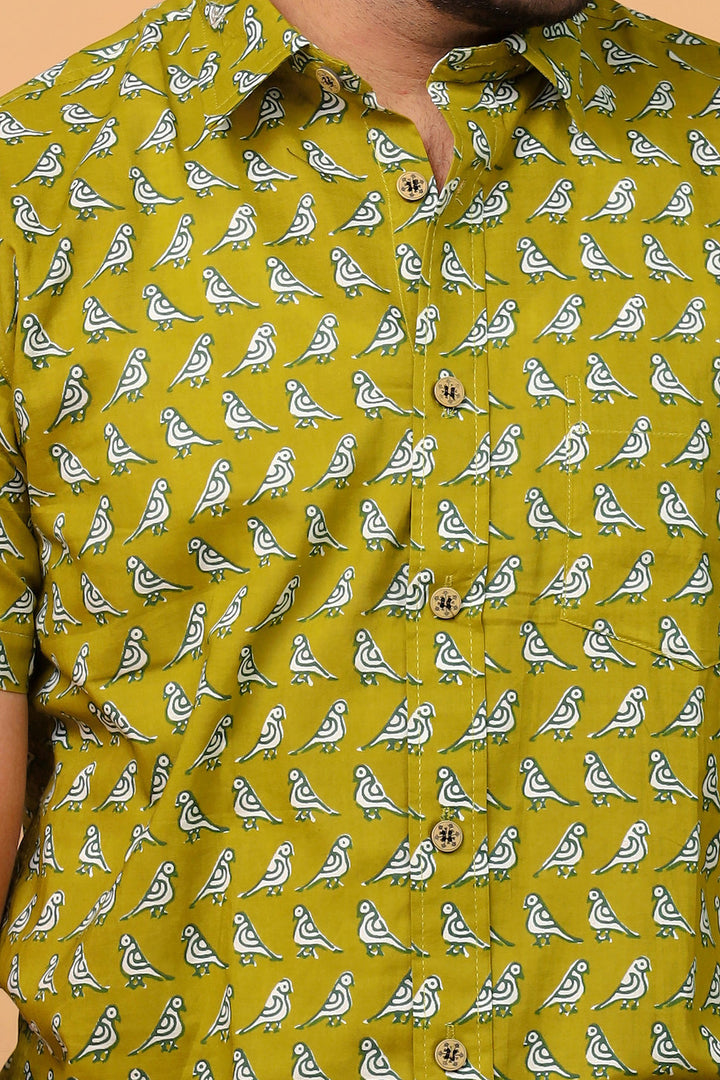 Men’s Olive Green Bird Printed Half Sleeve Shirt by Rangat Jaipur