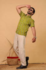 Load image into Gallery viewer, Men’s Olive Green Bird Printed Half Sleeve Shirt by Rangat Jaipur
