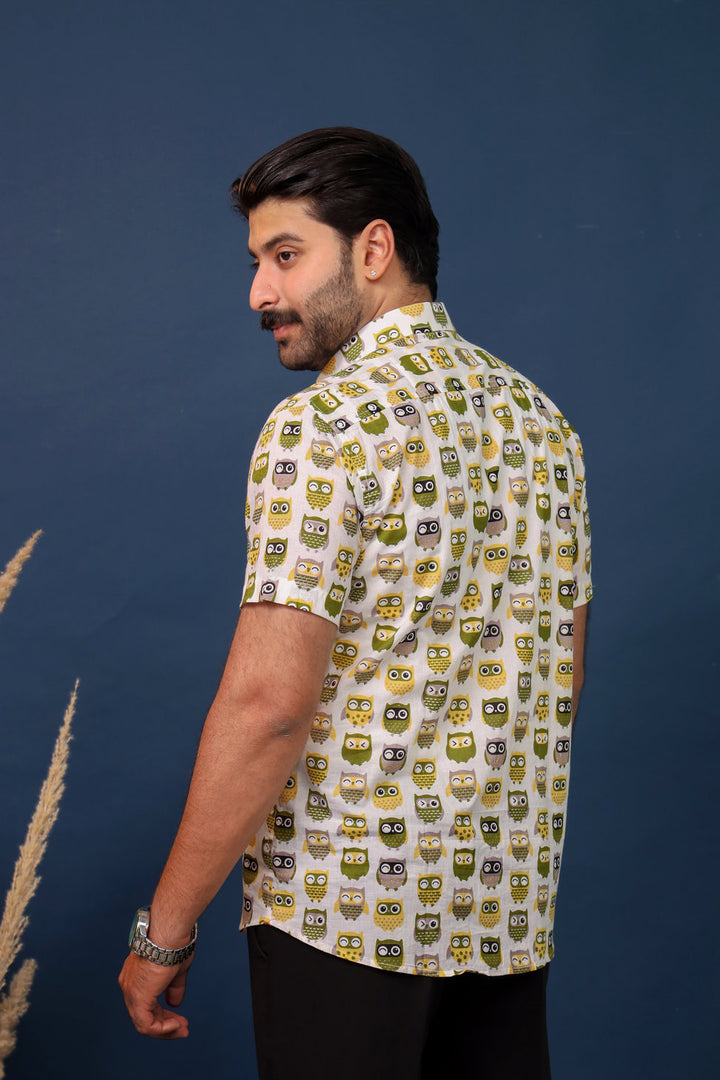 Men’s Owl Print Cotton Shirt – Quirky Handcrafted Casual Shirt by Rangat Jaipur
