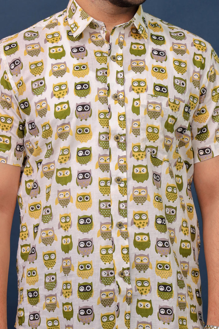 Men’s Owl Print Cotton Shirt – Quirky Handcrafted Casual Shirt by Rangat Jaipur