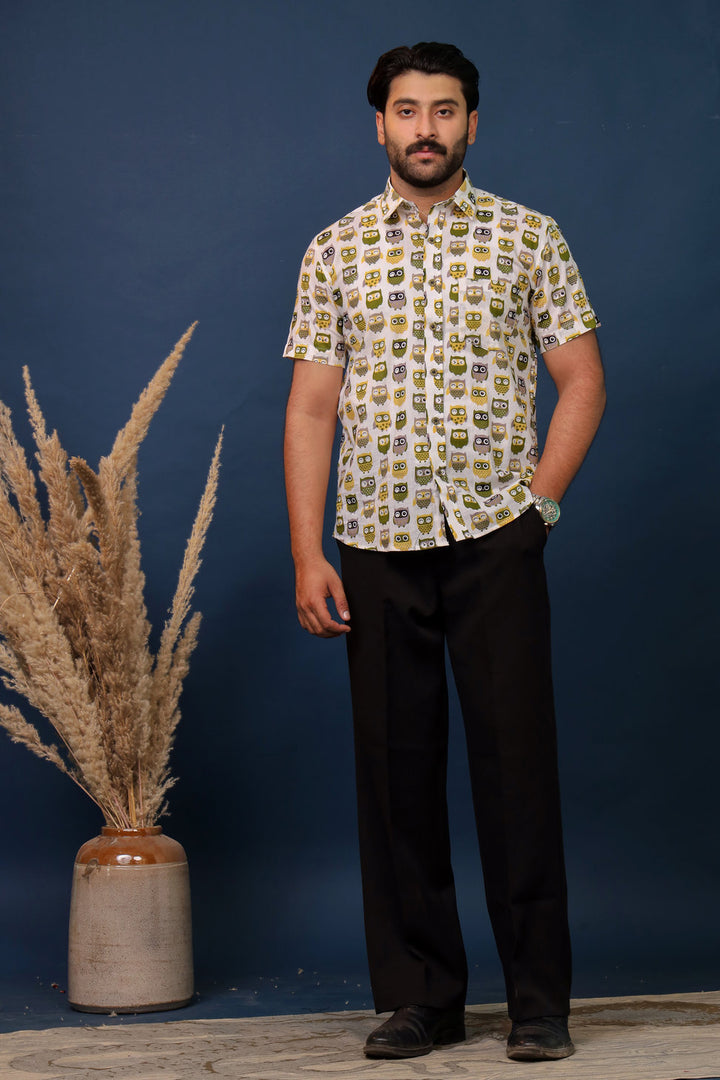 Men’s Owl Print Cotton Shirt – Quirky Handcrafted Casual Shirt by Rangat Jaipur