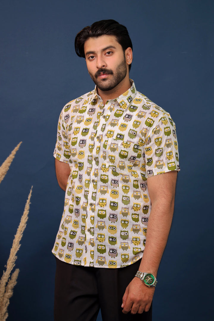 Men’s Owl Print Cotton Shirt – Quirky Handcrafted Casual Shirt by Rangat Jaipur