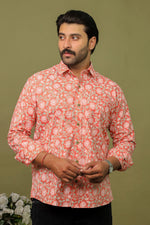 Load image into Gallery viewer, Coral Floral Sanganeri Print Cotton Shirt for Men