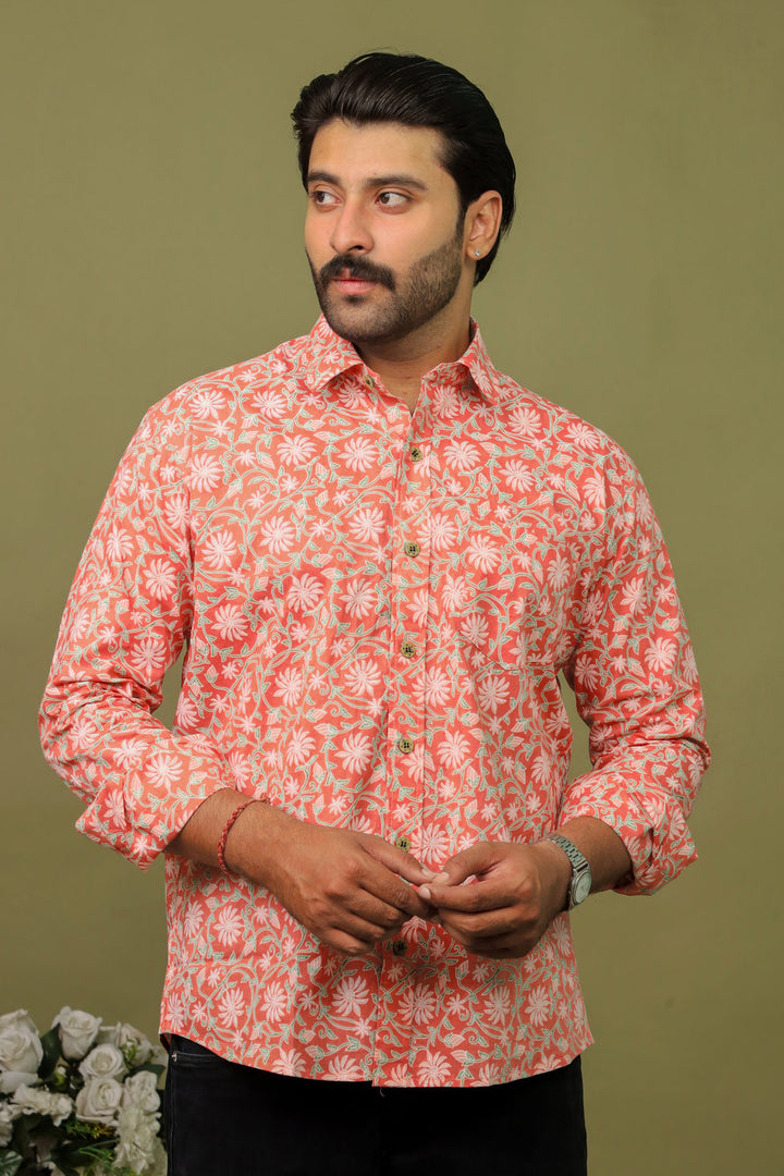 Coral Floral Sanganeri Print Cotton Shirt for Men
