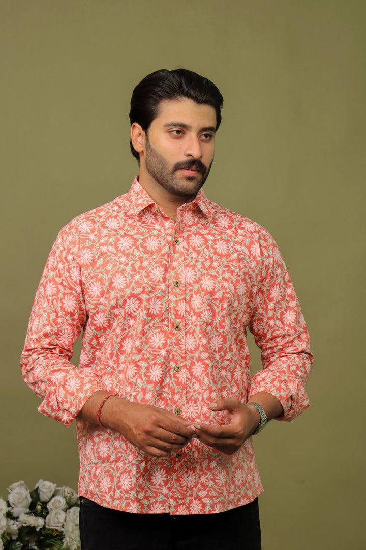 Coral Floral Sanganeri Print Cotton Shirt for Men