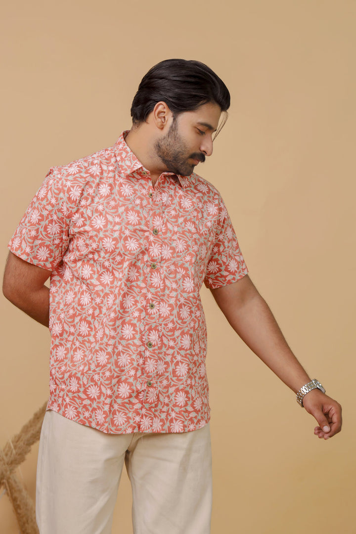 Men’s Peach Floral Printed Half Sleeve Shirt by Rangat Jaipur