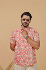 Load image into Gallery viewer, Men’s Peach Floral Printed Half Sleeve Shirt by Rangat Jaipur