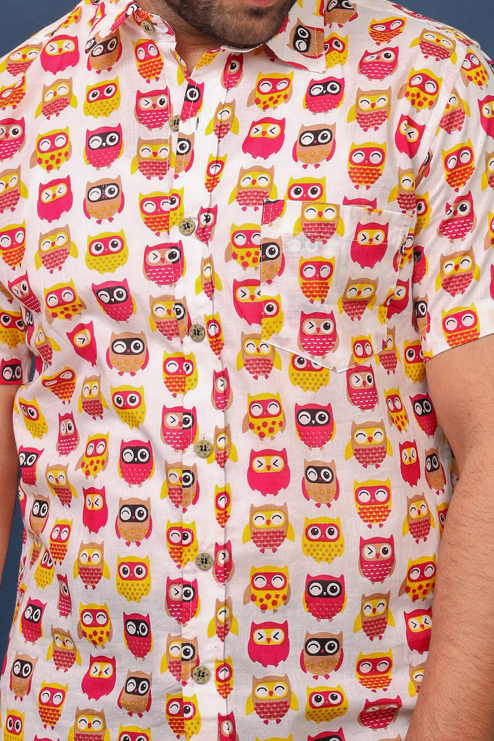 Men’s Pink Owl Print Cotton Shirt