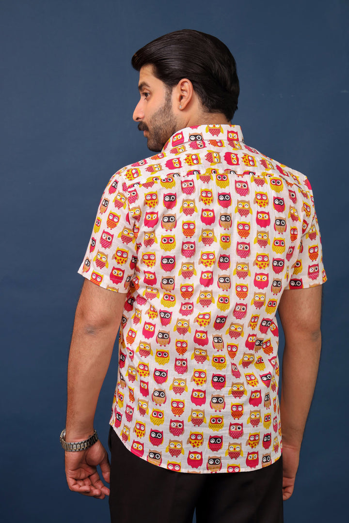 Men’s Pink Owl Print Cotton Shirt