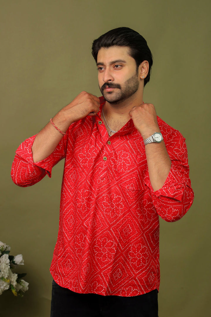 Men’s Handcrafted Red Bandhani Short Kurta
