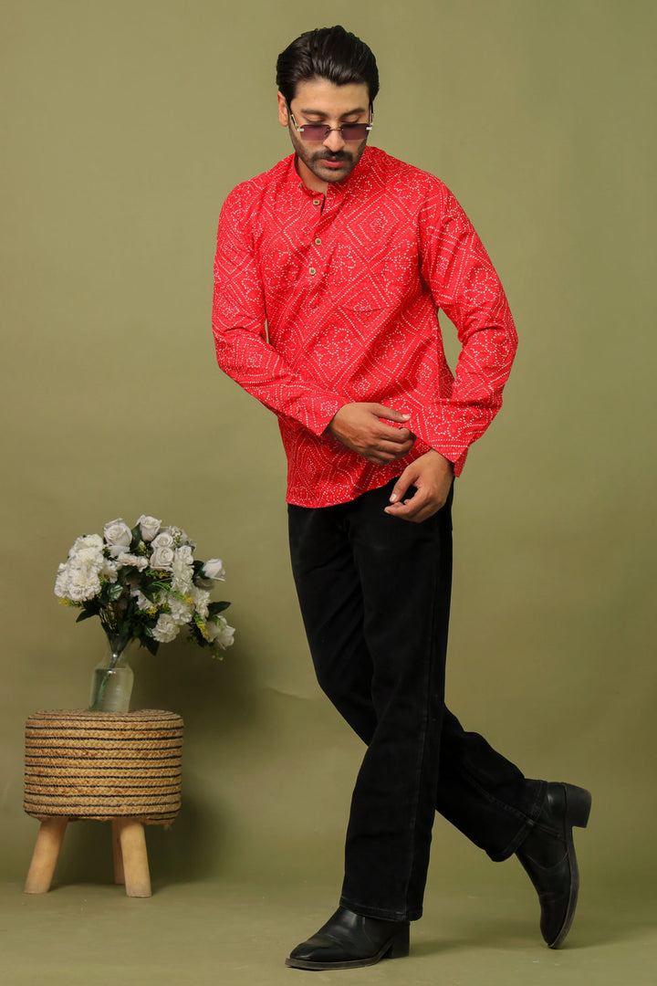 Men’s Handcrafted Red Bandhani Short Kurta