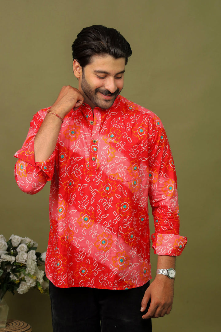 Men’s Handcrafted Bandhani Short Kurta – Pink and Red Tie-Dye Print