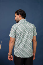 Load image into Gallery viewer, Men’s Sage Green Floral Hand Block Printed Cotton Shirt – Sanganeri Print by Rangat Jaipur