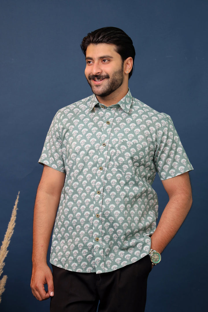 Men’s Sage Green Floral Hand Block Printed Cotton Shirt – Sanganeri Print by Rangat Jaipur