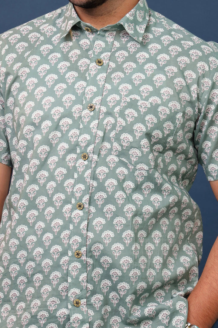 Men’s Sage Green Floral Hand Block Printed Cotton Shirt – Sanganeri Print by Rangat Jaipur