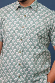 Men’s Sage Green Floral Hand Block Printed Cotton Shirt – Sanganeri Print by Rangat Jaipur