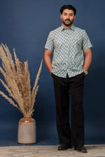 Load image into Gallery viewer, Men’s Sage Green Floral Hand Block Printed Cotton Shirt – Sanganeri Print by Rangat Jaipur