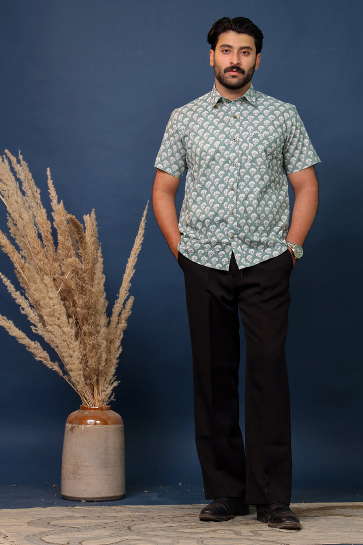 Men’s Sage Green Floral Hand Block Printed Cotton Shirt – Sanganeri Print by Rangat Jaipur