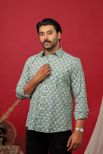 Load image into Gallery viewer, Men’s Sage Green Floral Print Cotton Shirt – Lightweight Summer Casual Wear