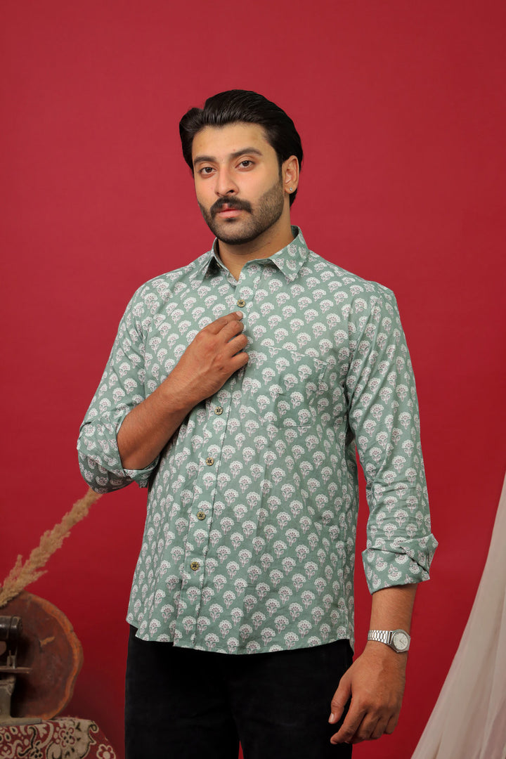 Men’s Sage Green Floral Print Cotton Shirt – Lightweight Summer Casual Wear