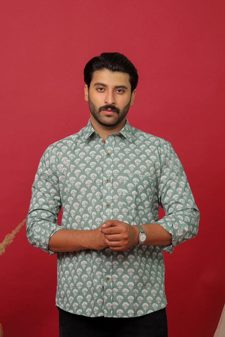 Men’s Sage Green Floral Print Cotton Shirt – Lightweight Summer Casual Wear
