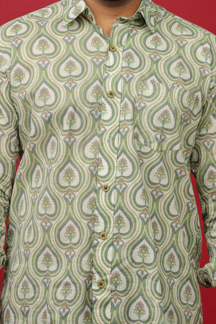 Men’s Olive Green Paisley Print Cotton Shirt – Stylish Casual & Festive Wear