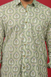 Men’s Olive Green Paisley Print Cotton Shirt – Stylish Casual & Festive Wear