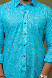 Traditional Bandhani Motif Shirt – Sky Blue