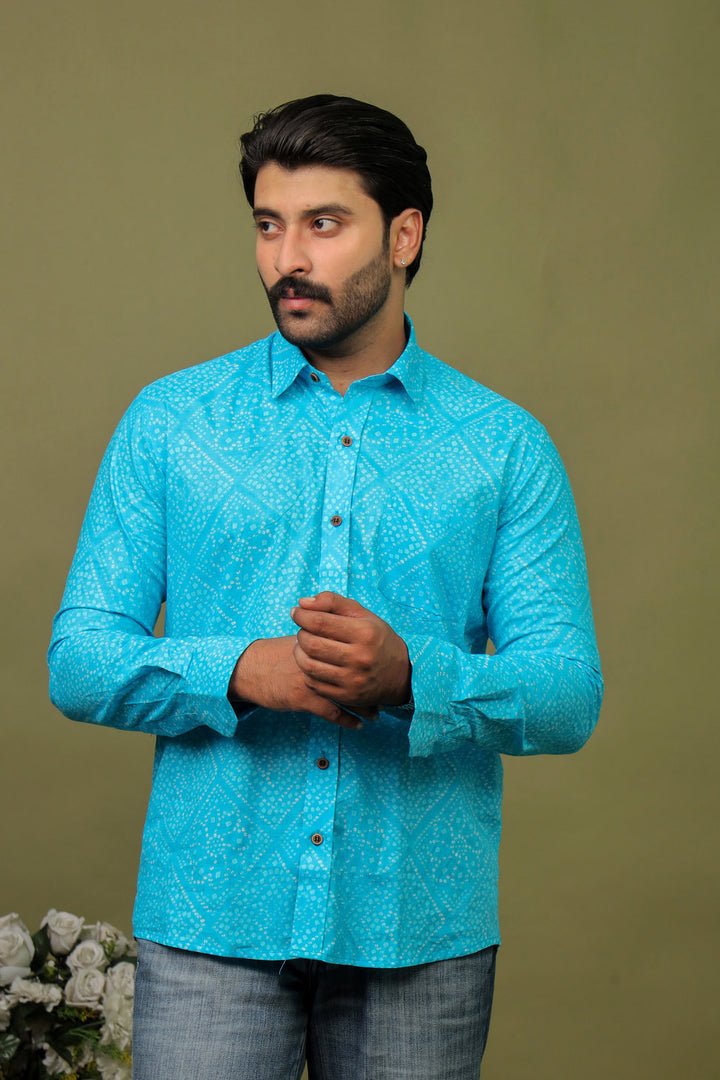 Traditional Bandhani Motif Shirt – Sky Blue