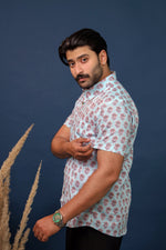 Load image into Gallery viewer, Men’s Sky Blue Floral Hand Block Printed Cotton Shirt
