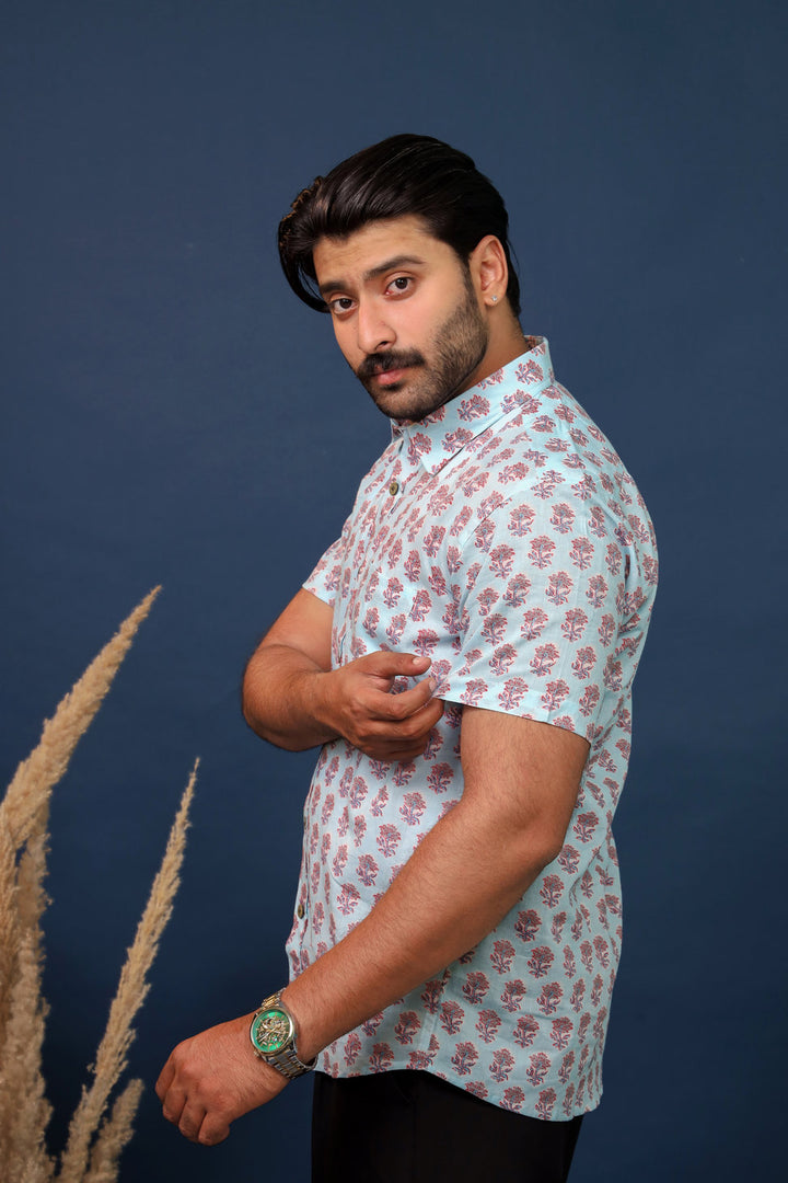 Men’s Sky Blue Floral Hand Block Printed Cotton Shirt