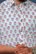 Load image into Gallery viewer, Men’s Sky Blue Floral Hand Block Printed Cotton Shirt