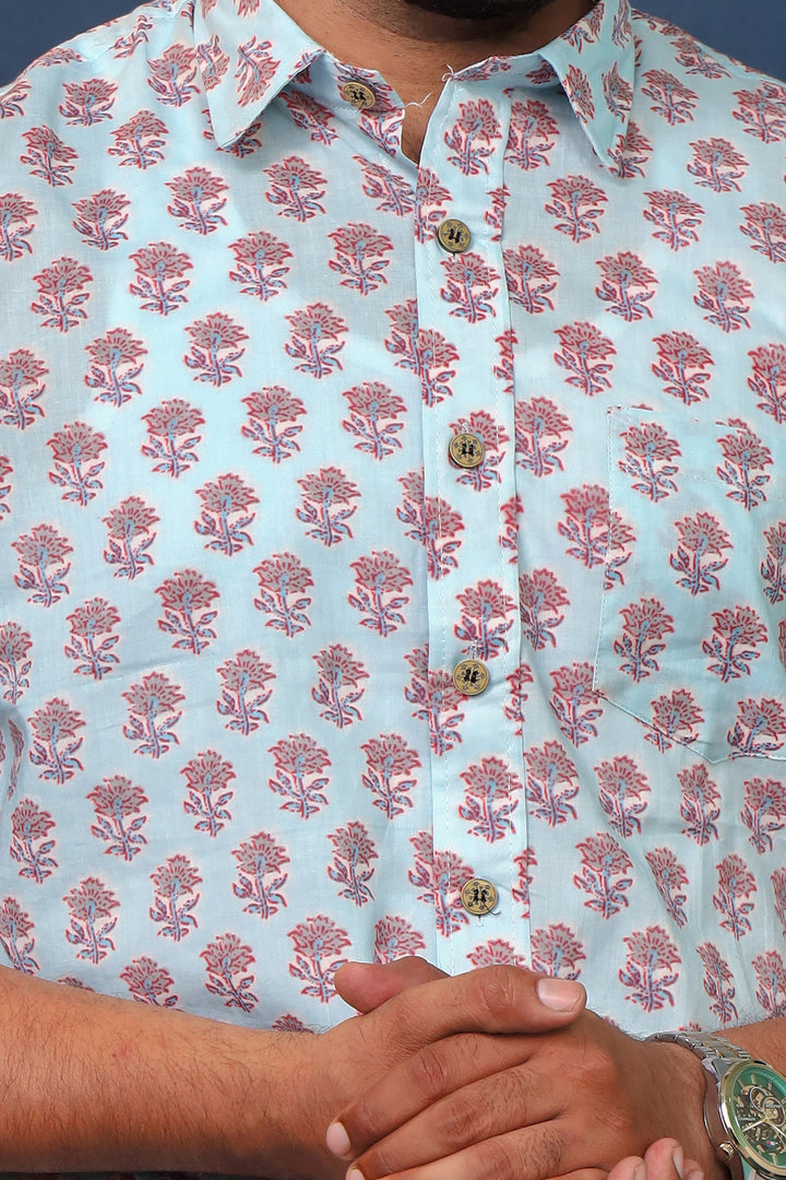 Men’s Sky Blue Floral Hand Block Printed Cotton Shirt