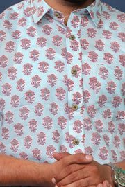 Men’s Sky Blue Floral Hand Block Printed Cotton Shirt – Sanganeri Print by Rangat Jaipur